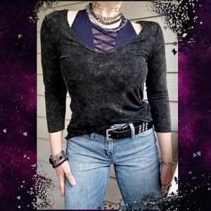 POL 3/4-sleeve Black Acid Wash Long Slinky Flowy Distressed V-neck Tunic
